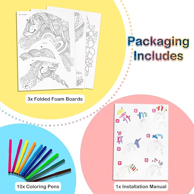 Hautton 3D Coloring Puzzle, Creative DIY Painting Puzzle Set Toy with 10 Coloring Pens, Fun Arts Crafts Gift for Kids Age 3 4 5 6 7 8 9 10 11 12 -Hornhorse