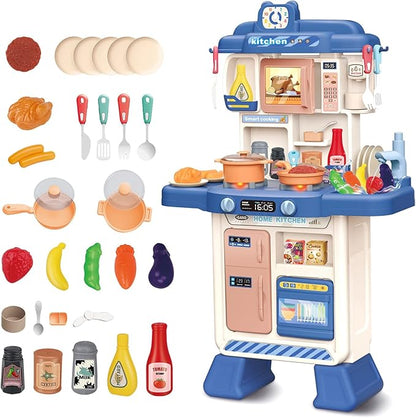 deAO Kids Kitchen Playset 35PCS Play Kitchen Toys Accessories with Sounds Lights,Cooking Stove Steam,Pretend Play for Toddler Aged 3 4 5 6 7 8 Years (Blue)