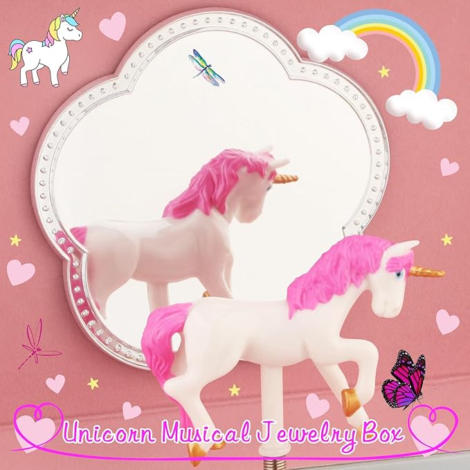 RR ROUND RICH DESIGN Music Jewelry Box with Drawer for Girls Foil Gold Unicorn Theme Spinning Playback the Tune for Beautiful Dream Song Pink-Green