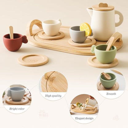 Tea Party Set for Little Girls,Wooden Tea Set,Princess Tea Time Sets for Kids Best Gifts for Toddler with Silicone Teapot Cups Wood Tray Scoop,Dishwasher Safe
