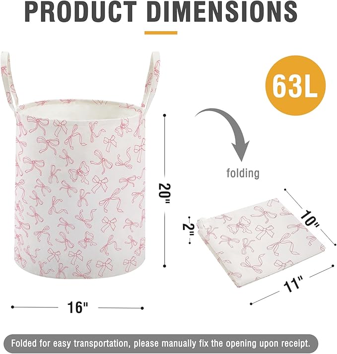 TECHMILLY Large Storage Basket for Girls and Boys, Collapsible Laundry Hamper with Long Handles, Toy Bins for Nursery, Kids Room Décor (Bowknot)