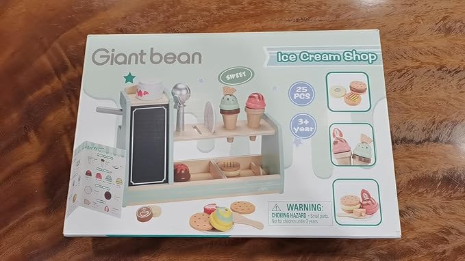 Giant bean Wooden Ice Cream, Coffee and Frozen Treat 3-in-1 Counter Playset, 25 PCS Toddler Pretend Play Kitchen Accessories, Kids Wooden Toys for 1+, Christmas Birthday Gift for Kids
