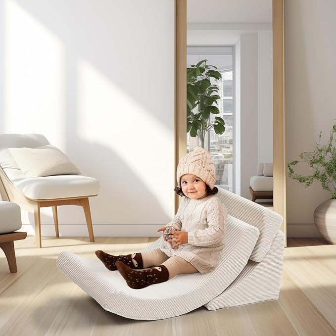 Toddler Chair Comfy Sofa, Adjustable Leg Elevating Pillow Sensory Rocker Foam Chaise Lounge Sofa Bed Comfy Floor Chair Moon Chair Reading Nook Recliner for Bedroom Playroom,Beige