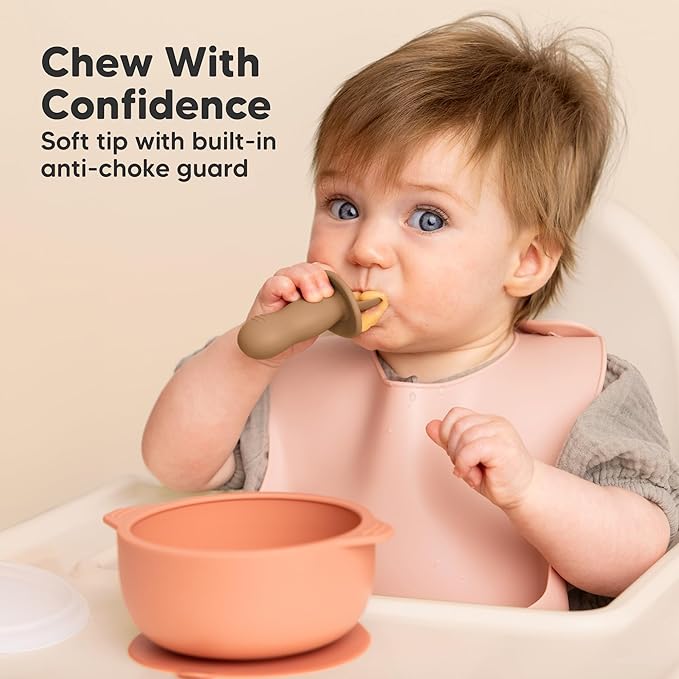 KeaBabies 4-Pack Silicone Baby Spoons and Forks Set - Baby Spoon Self Feeding, BLW Baby Utensils 6-12 Months, Baby Led Weaning Feeding Spoon,Teething Infant Baby First Food Training Pre Spoon (Desert)