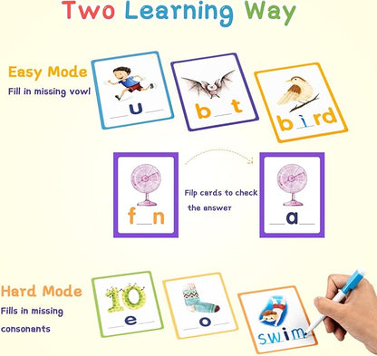 Phonics Sight Words Flash Cards Kindergarten, CVC Word Games Vowel Spelling Flashcards Learn to Read Write Montessori Educational Homeschool Supplies for Toddlers Preschool Learning Activities