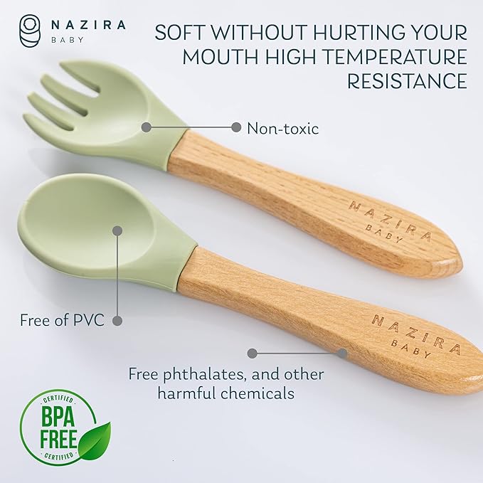 Baby Self Feeding All Natural Beech Wood Fork and Spoon Set - BPA Free, Toddler Tableware, Suitable For Stage 1 Babies - Soft Curved Food Grade Silicone Head (Magic Mint)