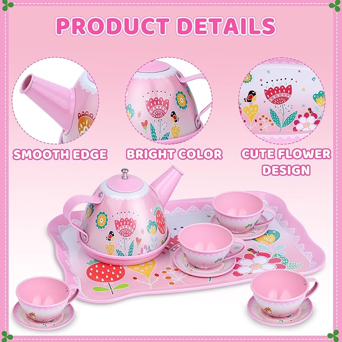 Tea Party Set for Little Girls, Tin Tea Set with Gloves Fan Necklace Bracelet Dress Up Accessories, Princess Tea Time Toys, Kitchen Pretend Play Toy, Birthday Gifts for Kids Toddler Age 3-8
