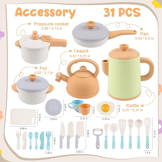 Pretend Play Kitchen Accessories Toys, Pots and Pans Utensils Playset for Kids, Cooking Play Set Gift for Toddlers Boys and Girls 3 4 5 Years Old