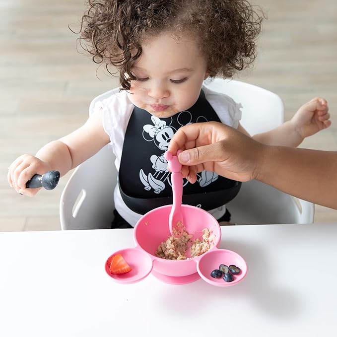 Bumkins Disney Baby Utensil Set, Silicone Trainer Spoons for Dipping, Soft Tip, Self-Feeding, Chew, Baby Led Weaning, First Year Training Supplies, Essentials in Eating, 4 Mos, 2-pk Minnie Mouse