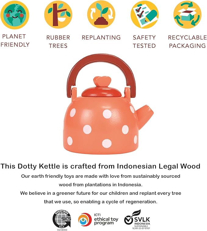 Mentari Toys - Dotty Kettle - Polka Dot Wooden Pretend Play Kitchen Accessory with Removeable Lid - Imaginative Teatime Fun for Toddlers - Encourage Role Play and Develop Social Skills - Age 3+