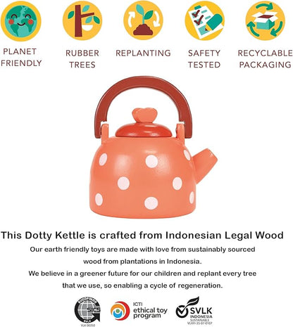 Mentari Toys - Dotty Kettle - Polka Dot Wooden Pretend Play Kitchen Accessory with Removeable Lid - Imaginative Teatime Fun for Toddlers - Encourage Role Play and Develop Social Skills - Age 3+