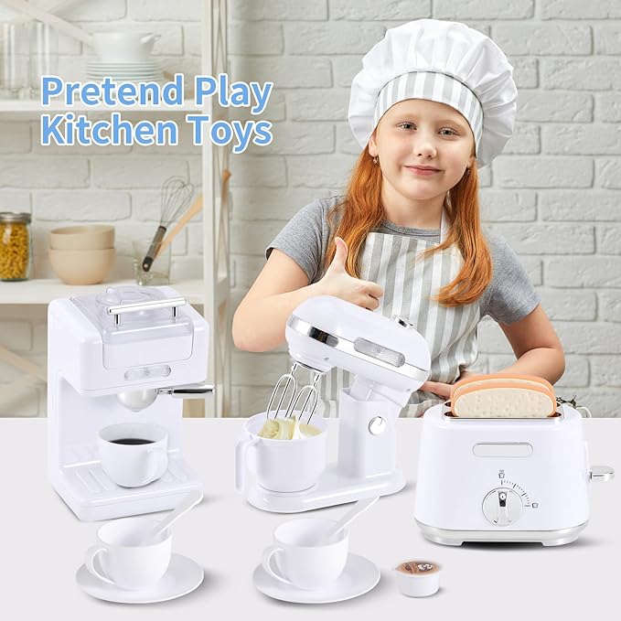 Pretend Play Kitchen Appliances Toy Set, Play Kitchen Accessories for Kids 3-8 with Coffee Maker, Toaster, Mixer with Light and Sound, Birthday Gift for Kids Ages 3 4 5 6 7 8，White