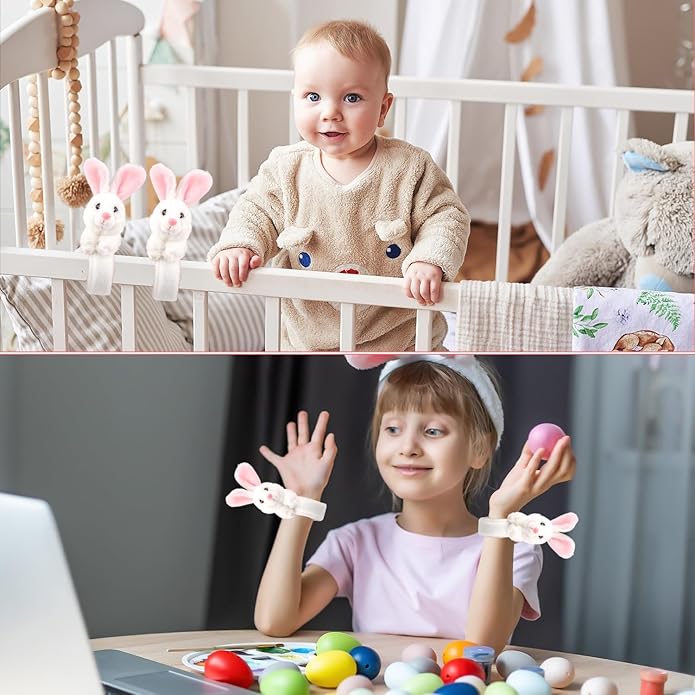 2pcs Easter Rabbit Stuffed Animal Slap Bracelets, Cute Easter Slap Bracelets Plush Animals Slap Bands Easter Snap Bracelets Gifts for Birthday Party Christmas