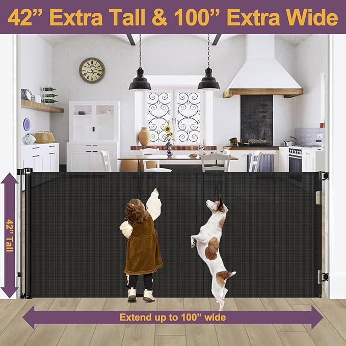 42" Tall X 100" Extra Wide Retractable Baby Gates for Large Openings Extra Tall Dog Gates for Doorways Extra Tall Pet Gate Indoor Outdoor Long Baby Gate Extra Tall Mesh Gate, Black