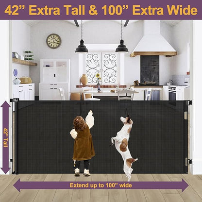 42" Tall X 100" Extra Wide Retractable Baby Gates for Large Openings Extra Tall Dog Gates for Doorways Extra Tall Pet Gate Indoor Outdoor Long Baby Gate Extra Tall Mesh Gate, Black