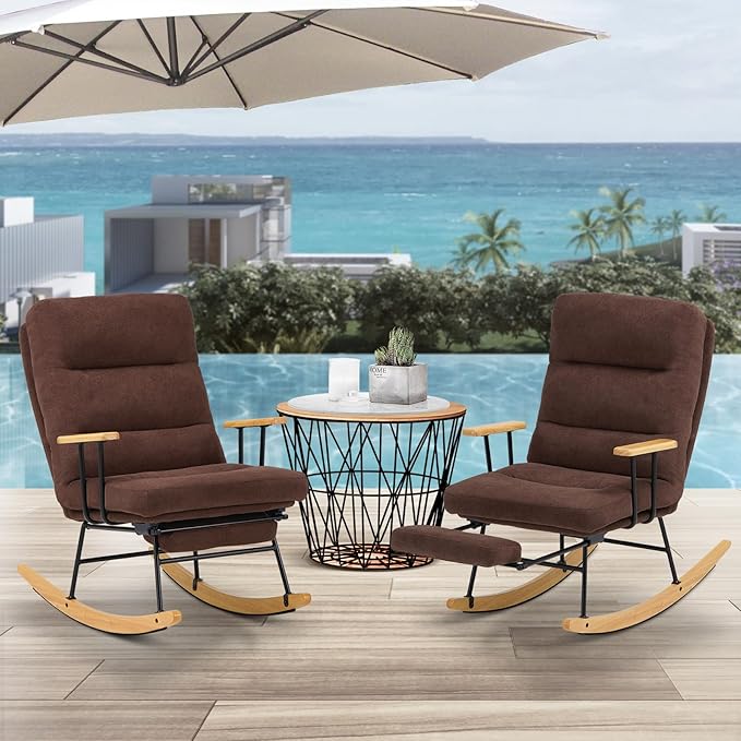 Rocking Chair with Footrest-Glider Rocker Chair with Retractable Footrest and Adjustable Backrest, Teddy Upholstered Rocking Chair Set of 2, Accent Chair for Living Room/Nursery/Bedroom/Outdoor-Brown