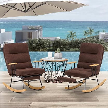 Rocking Chair with Footrest-Glider Rocker Chair with Retractable Footrest and Adjustable Backrest, Teddy Upholstered Rocking Chair Set of 2, Accent Chair for Living Room/Nursery/Bedroom/Outdoor-Brown