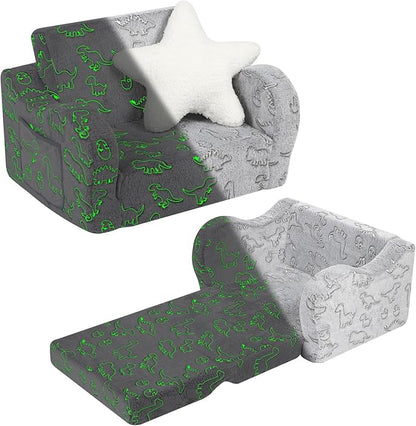 Dinosaur Glow in The Dark Toddler Couch, 2-in-1 Toddler Soft Couch Fold Out with Star Pillow, Convertible Sofa to Lounger for Girls and Boys, 1-Seat