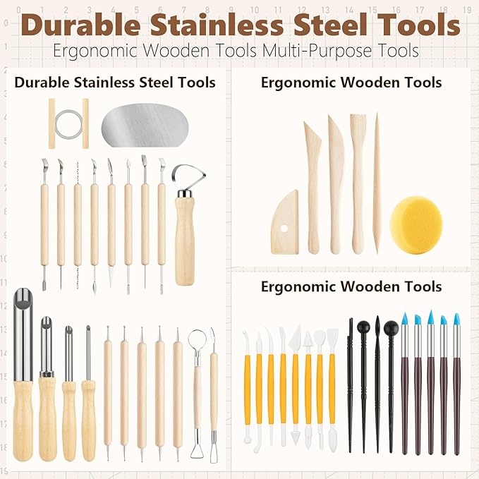 UUSYCUN 52PCS Pottery Tools for Sculpting, Ceramics Clay Tools for Pottery Kiln, Pottery Wheel, Trimming, Carving, Modeling, Beginners, Polymer Clay, Air Dry Clay, Pros, Adults, Crafting Supplies