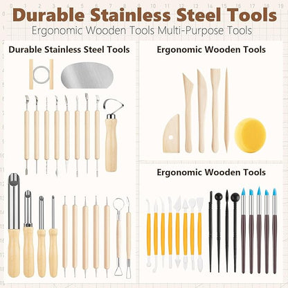 UUSYCUN 52PCS Pottery Tools for Sculpting, Ceramics Clay Tools for Pottery Kiln, Pottery Wheel, Trimming, Carving, Modeling, Beginners, Polymer Clay, Air Dry Clay, Pros, Adults, Crafting Supplies