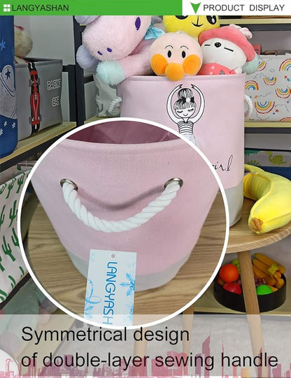 LANGYASHAN Laundry Basket Canvas Collapsible Organizer Storage Basket for Boys Girls Laundry Hamper Toy Bins Gift Baskets Bedroom Clothes Children Nursery (little girl)