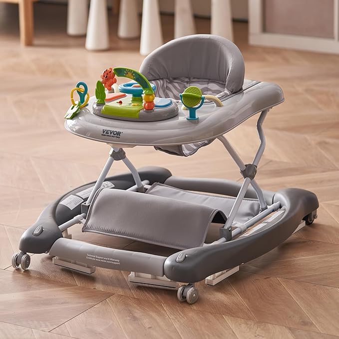 VEVOR 4-in-1 Baby Walker, Foldable Baby Activity Center with Wheels, 3 Adjustable Height, Music & Toys Tray, Learning-Seated | Walk-Behind | Rocker | Bouncer Toddler Walker for Boys Girls 6-24 Months