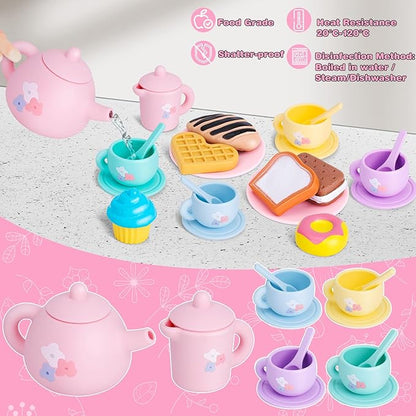 Silicone Tea Party Set for Little Girls,PRE-WORLD 25PCS Toys Toddler Tea Set with Play Food Dessert Cookies,Doughnut,Cake,Carrying Bag,Kids Kitchen Pretend Role Gifts for Girls Boys Age 3 4 5 6