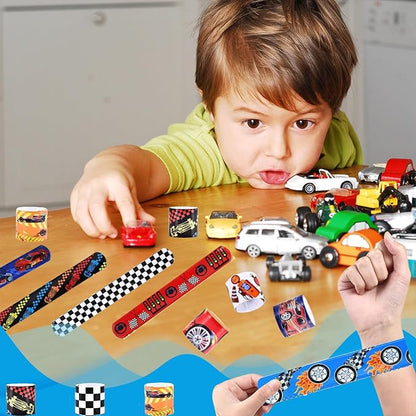 60pcs Hot Car Party Favors for Kids Bulk Slap Bracelets with Race Cars Theme Snap Bracelet for Kids, Goodie Bags Stuffers for Birthday Party, Treasure Box Toys for Classroom Prizes