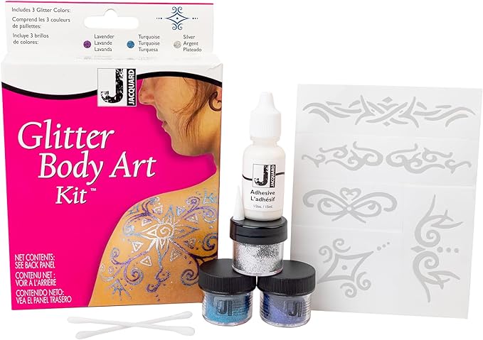 Jacquard Glitter Body Art Kit - Complete Glitter Tattoo Kit for Kids and Adults - Temporary Glitter Tattoos for Parties or Events - Glitter Tattoo Stencils 3 Jars of Glitter, Adhesive, & Instructions
