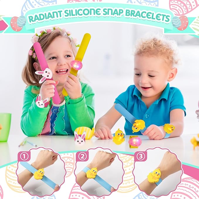 6 Pcs Kids Light Up Slap Bracelets Gifts LED Party Favors Glow Snap Bracelet Glitter Wrist Bands for Bunny Eggs Chicks Silicone Bands Easter Basket Fillers