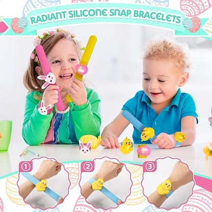 6 Pcs Kids Light Up Slap Bracelets Gifts LED Party Favors Glow Snap Bracelet Glitter Wrist Bands for Bunny Eggs Chicks Silicone Bands Easter Basket Fillers