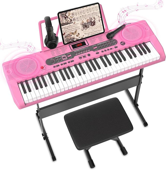Fenbeli Piano Keyboard for Beginner, 61 Key Electric Keyboard Piano with Keyboard Stand, Piano Bench, Microphone, Headphone, Sheet Music Stand, LED Screen, Dual-Speakers, Teaching Modes (Pink)