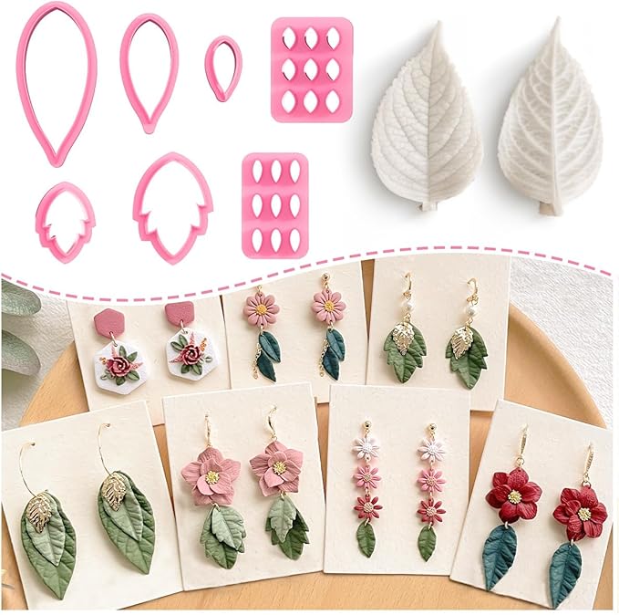 Keoker Leaf Clay Cutters Set, 7 Shapes Polymer Clay Leaf Cutters with Polymer Clay Press Mold, Polymer Clay Earring Molds, Spring Polymer Clay Earring Cutters, Polymer Clay Earring Tools