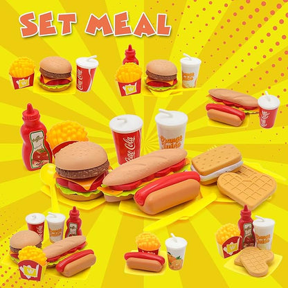 Pretend Play Food Set for Children,Removable Fast Food Playset with Tray Hamburger Hotdog Fries Combo,Play Kitchen Accessories Role Play Toys,Christmas Birthday Gift for Kids Boys Girls(15PCS)