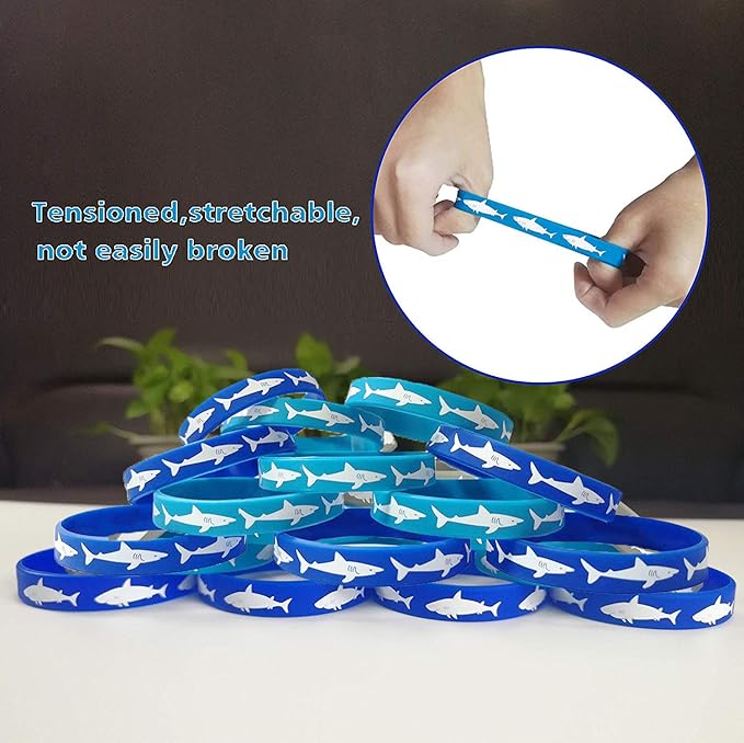 Shark Rubber Bracelets - Wristbands for Shark Themed Parties, Adults‘ Wearables, Birthday Favors - Pack of 24