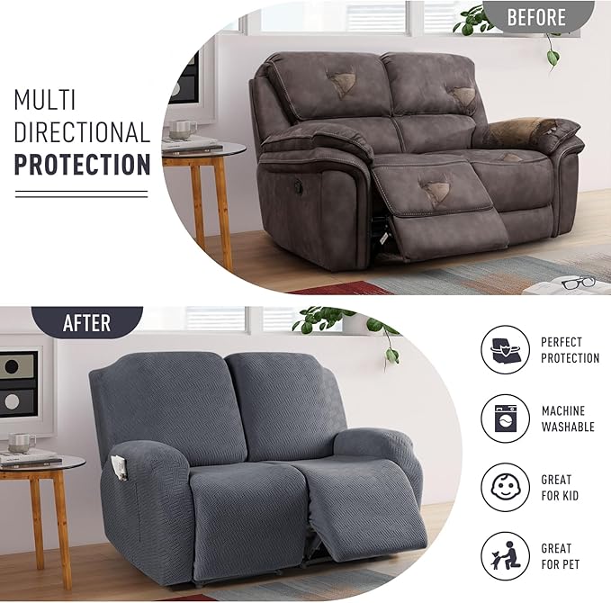 KinCam Recliner Covers, Stretch Reclining Chair Covers, Recliner Sofa Slipcovers Stripe Jacquard Recliner Couch Covers Furniture Protector Covers for Pet Kid (2XL Seater, Dark Gray)