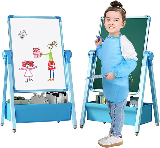 Art Easel for Kids, Double Sided Kids Easel Drawing Board, Whiteboard & Chalkboard for Kids, 360°Rotating Adjustable Kids Easel Art Set, Standing Erasable Easel Board, Easel for Classroom (Blue)