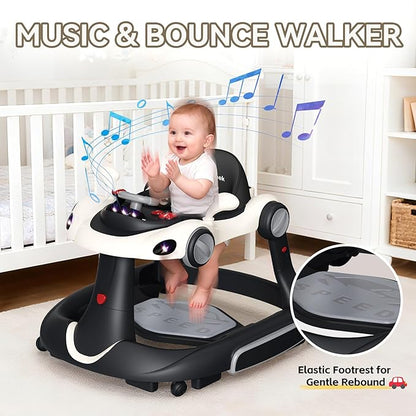Baby Walker with Wheels, 7-in-1 Foldable Baby Walkers for Boys Girls 6-12 Months with Feeding Tray & Music, Lights,Rocker,Sun Canopy, Bouncing Pedal, Adjustable Wheel Speed, Push Walker (Black)