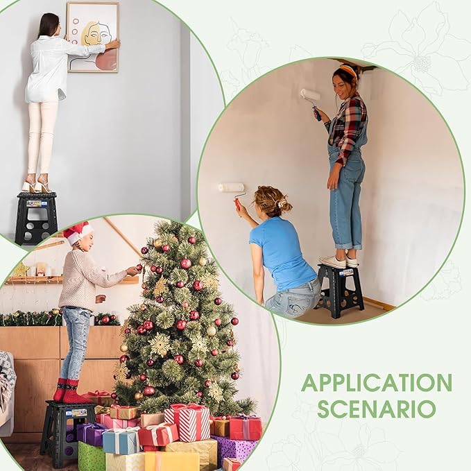 ACKO Folding Step Stool Foldable 16 Inch Stools for Adults and Kids,Plastic Stools Tall 400 lbs Capacity,Collapsible Stool for Kitchen, Stepping Foot Stool with Handle,Dot Black 6Pack