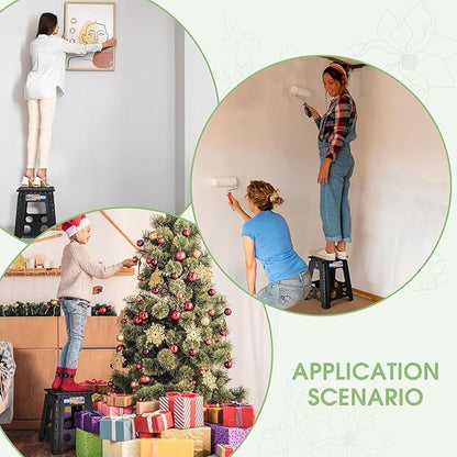 ACKO Folding Step Stool Foldable 16 Inch Stools for Adults and Kids,Plastic Stools Tall 400 lbs Capacity,Collapsible Stool for Kitchen, Stepping Foot Stool with Handle,Dot Black 6Pack