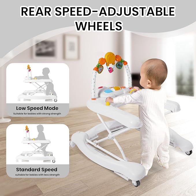 Boyro Baby 5-in-1 Baby Walker, Baby Walkers for Boys Girls 6-18 Months, Foldable Activity Walker, Toddler Infant Walker with Bouncer, Adjustable Height, Removable Footrest, Feeding Tray, Music