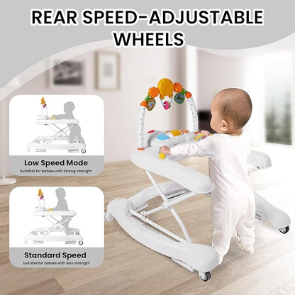 Boyro Baby 5-in-1 Baby Walker, Baby Walkers for Boys Girls 6-18 Months, Foldable Activity Walker, Toddler Infant Walker with Bouncer, Adjustable Height, Removable Footrest, Feeding Tray, Music