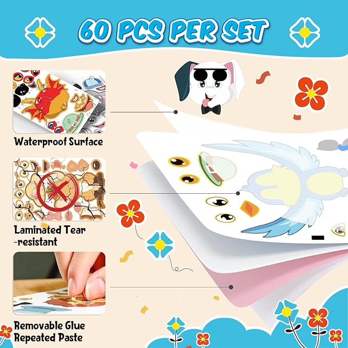 sinceroduct Make a Face Stickers for Kids, 60 PCS Multicolor Animal Decals, Paper Surface, Reusable, for Party Favors, Gifts, Rewards, Art Craft