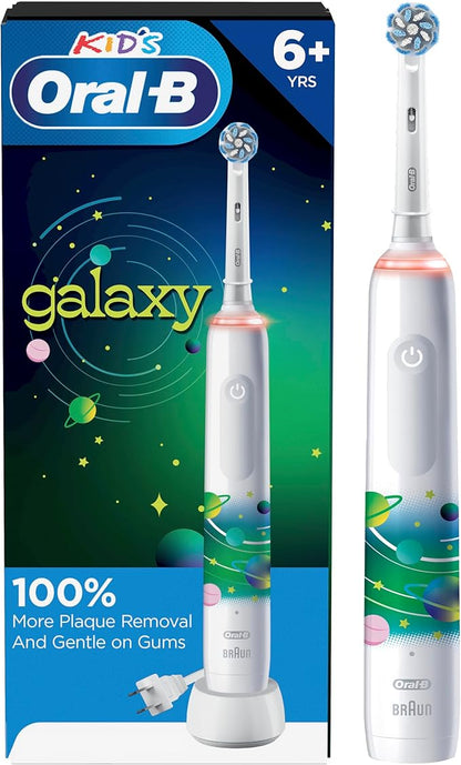 Oral-B Kids Electric Toothbrush with Coaching Pressure Sensor and Timer, Rechargeable Toothbrush with Brush Heads, Galaxy