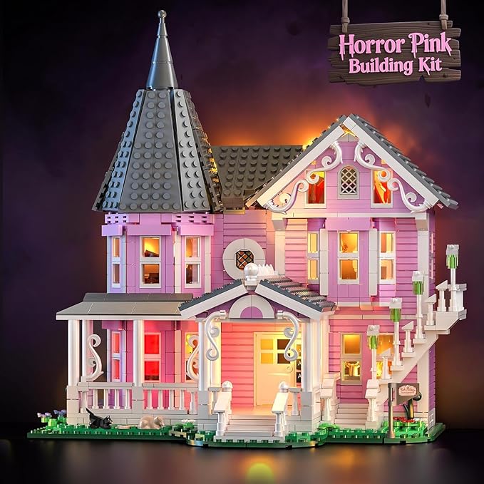 Pink Palace Apartment Building Set with Lights, 1349PCS Halloween Haunted House Blocks Compatible with Lego, Christmas Birthday Gifts for Kids & Collectors Aged 8+