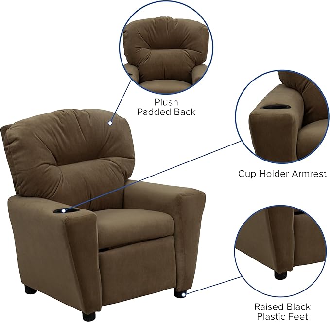 Flash Furniture Chandler Microfiber Kids Recliner with Cup Holder and Safety Recline, Contemporary Reclining Chair for Kids, Supports up to 90 lbs., Brown