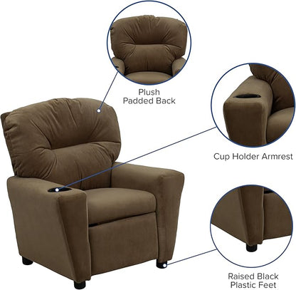 Flash Furniture Chandler Microfiber Kids Recliner with Cup Holder and Safety Recline, Contemporary Reclining Chair for Kids, Supports up to 90 lbs., Brown