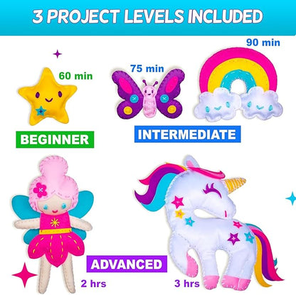 CRAFTSBEE Beginner Sewing Kit for Girls Ages 7+ - 5 DIY Unicorn Felt Stuffed Animals and Plus Pillow Craft, Educational Learn to Sew Unicorn Kit