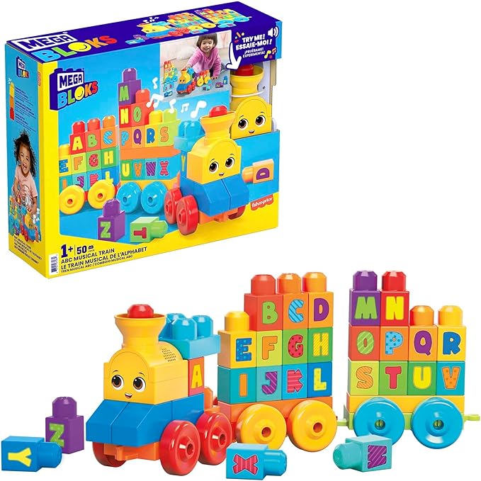 MEGA BLOKS First Builders Toddler Building Blocks Toy Set, ABC Musical Train with 50 Pieces, Music and Sounds, Ages 1+ Years