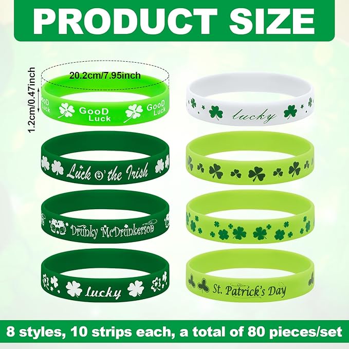 80pcs St. Patrick's Day Bracelets, Rubber St. Patrick's Day Wristbands Green Irish Silicone Wristband Shamrock Rubber Bracelets for Party Favors Holiday Supplies